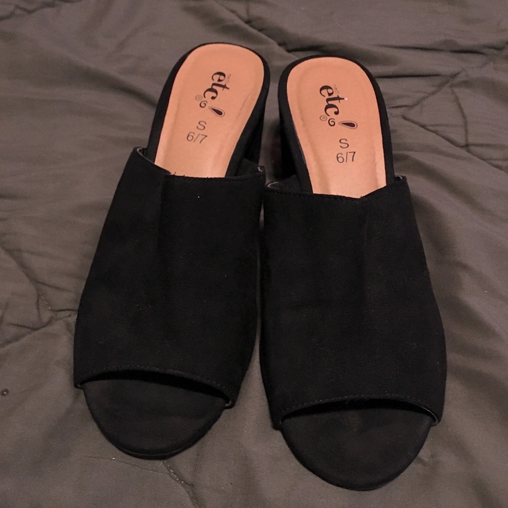 Rue21 slip on black heels, very cute and comfy.